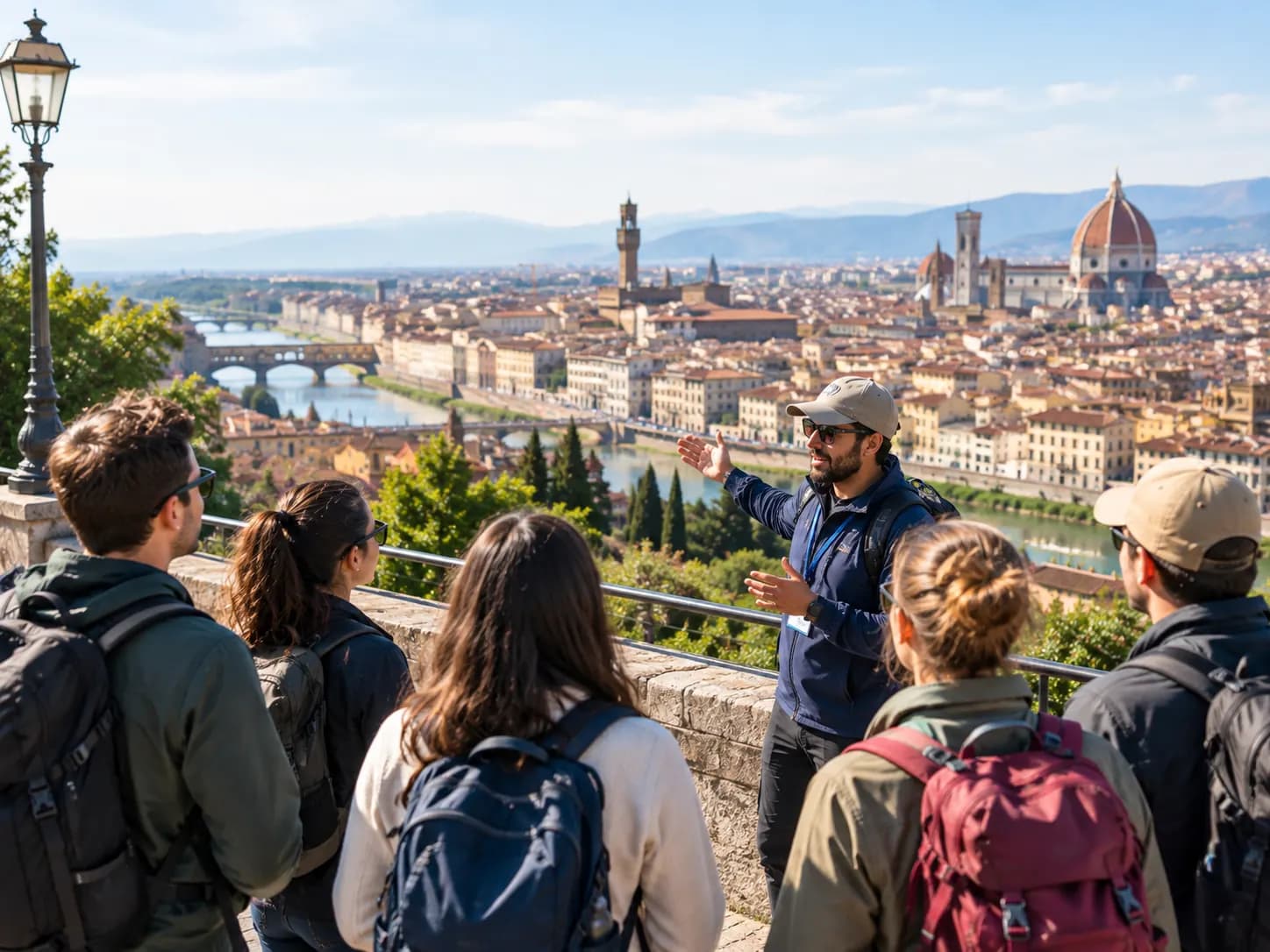Local tour guide explaining the Florence skyline and Duomo to a group of travelers