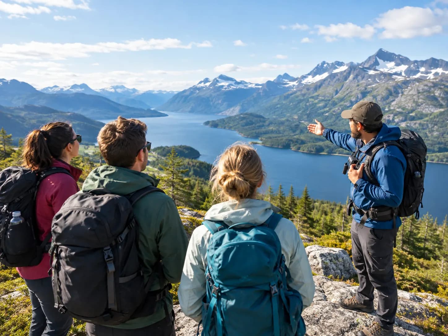 Travelers with backpacks on a mountain hike as their local guide points out the lake and snow-capped peaks